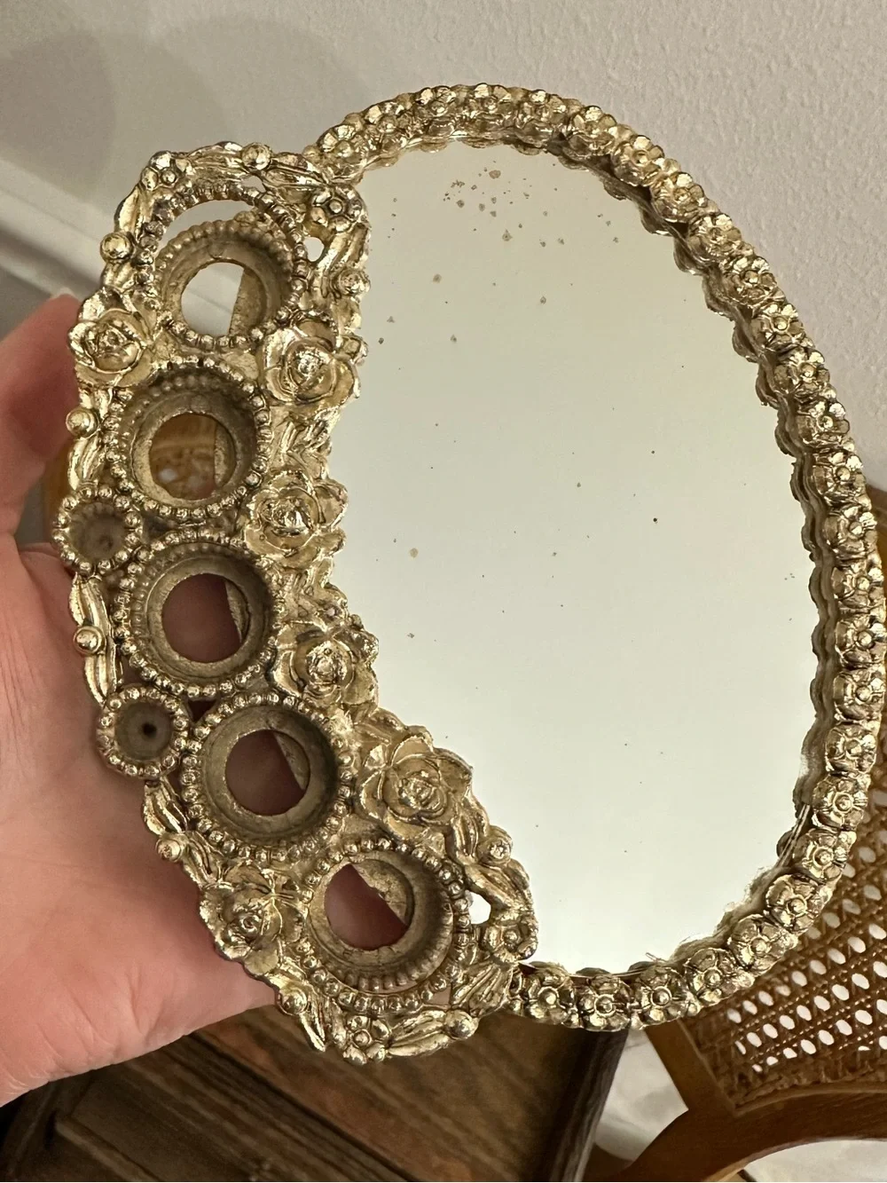 Gold Beaded Vanity Mirror Tray - Decorative Jewelry Organizer